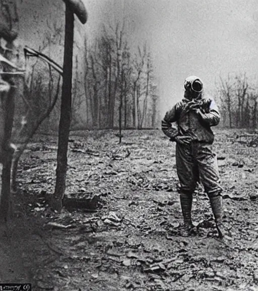 Image similar to man in chemical suit and gasmask at distance in chernobyl, ww1 techicolor film photo, grainy, high detail, high resolution