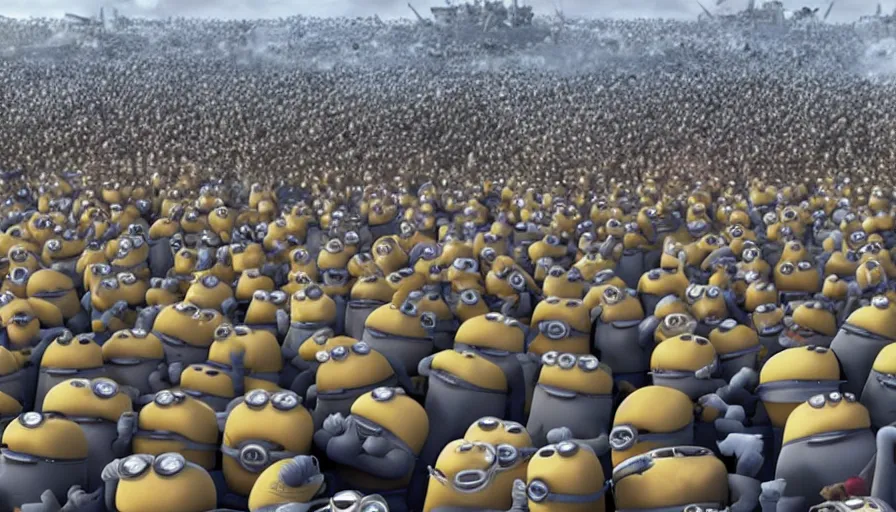 Prompt: millions of minions fighting the nazis during d - day, still from dreamworks movie