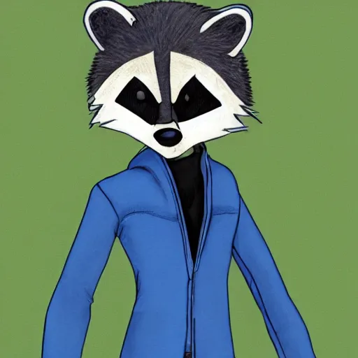 Image similar to anthropomorphic racoon, chibby, male, blue jacket