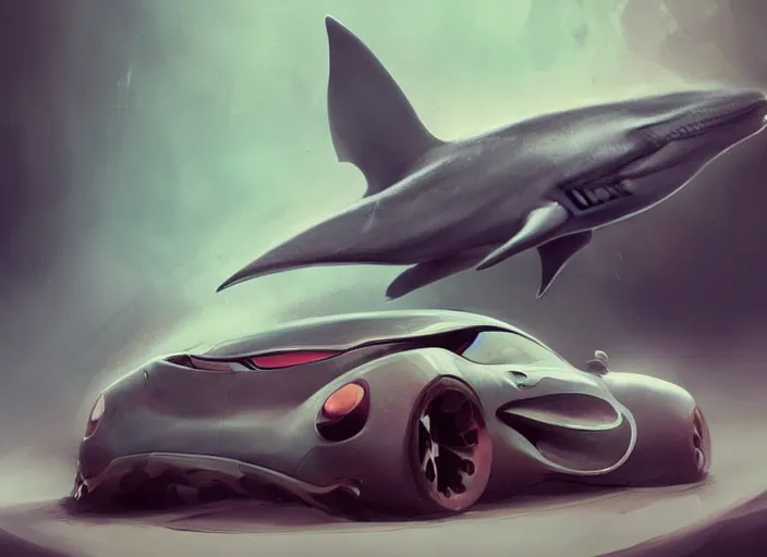 Prompt: beautiful concept design of a car that looks almost like a fish, a shark or a whale. car design by cory loftis, fenghua zhong, ryohei hase, ismail inceoglu, ruan jia, henrik fisker, bruce kaiser, scott robertson, dmitry mazurkevich, doruk erdem, and jon sibal. volumetric light