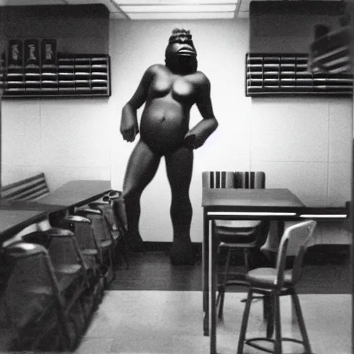 Prompt: A black and white photograph of Bigfoot sitting in a Mcdonalds