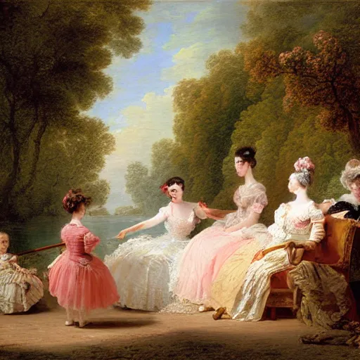 Image similar to dreadful by jean - honore fragonard pride prejudice. the conceptual art of a group of well - dressed women & children enjoying a leisurely boat ride on a calm day. the women are chatting & laughing while the children play with a toy boat in the foreground.