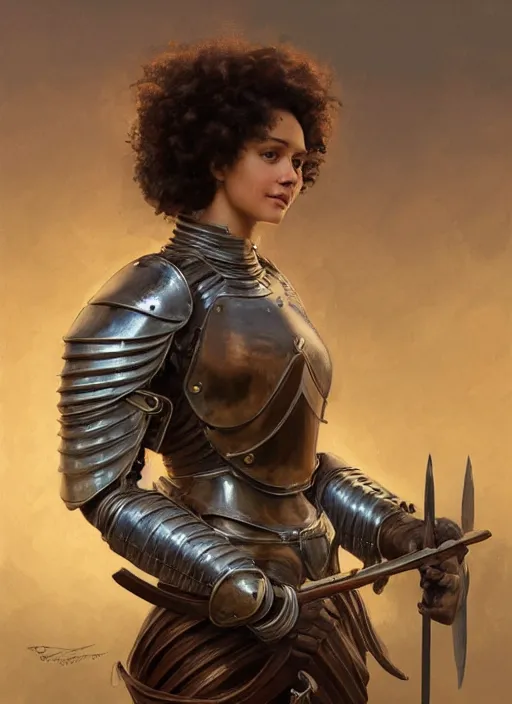 Image similar to medium-length portrait of a female knight with short curly hair and brown eyes, dark brown skin, happy expression, wears a combination of plate armor and boiled leather, medieval setting, highly detailed, digital painting, artstation, concept art, sharp focus, illustration, art by greg rutkowski and alphonse mucha