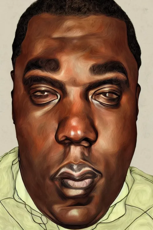 Image similar to a portrait of biggie small in style of egon schiele, masterpiece, hyperdetailed, complex, intricate, photorealistic!!, 4 k, trending on artstation