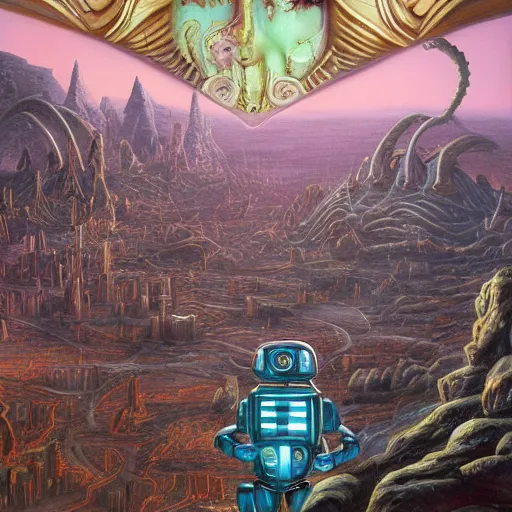 Image similar to a detailed fantasy painting of a robot city with a lot of aliens running up that hill with Kate Bush, by lauri blank, artgerm, evelyn de morgan, 8K, 50mm lens