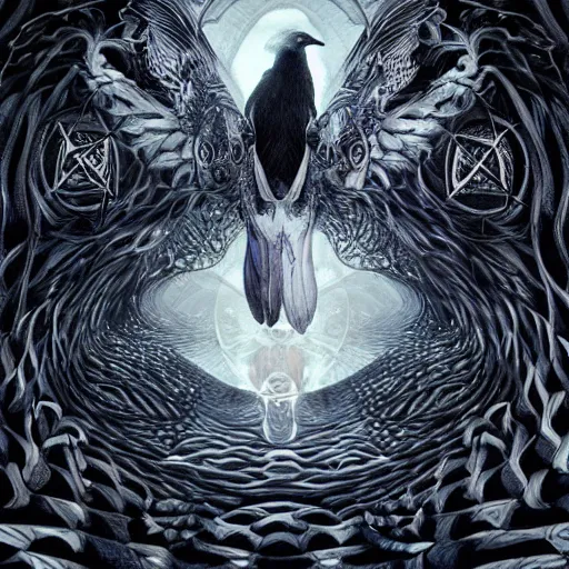 Image similar to white crow bringing rabbit leg to a occult witch by Android Jones and M. C. Escher collaboration, futurist, digital art, dramatic lighting