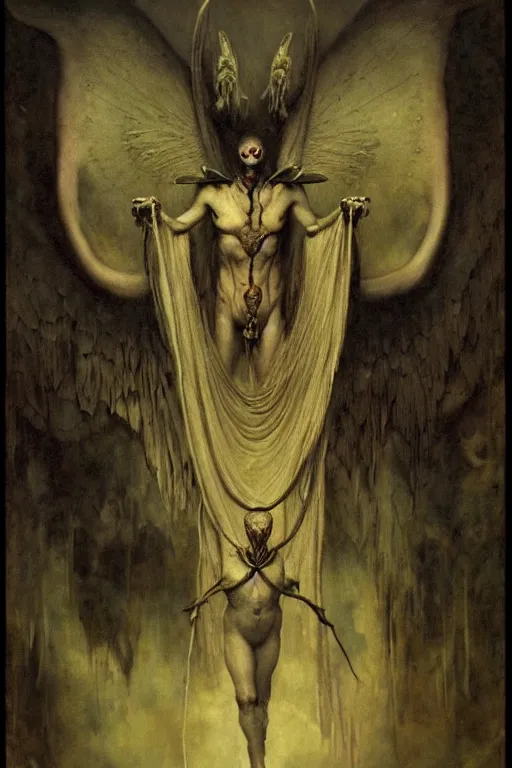 Prompt: an eerie portrait of the mothman by wayne barlowe, by gustav moreau, by goward, by gaston bussiere, by roberto ferri, by santiago caruso, by luis ricardo falero, by austin osman spare, ( ( ( ( occult art ) ) ) ) saturno butto