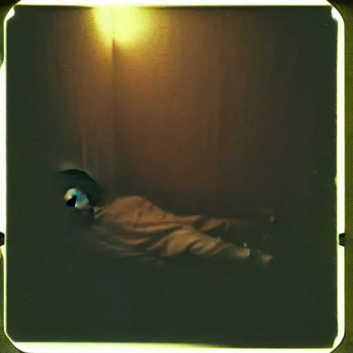 Image similar to cursed polaroid of beautifully ominous creepy sleep paralysis demon sliding inside 1 9 8 0's teeanger cluttered bedroom. weirdcore, liminal, backrooms aesthetic. hyperrealistic, octane render