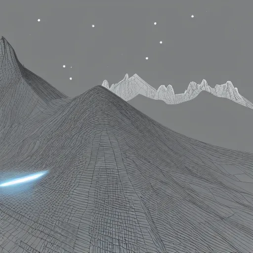 Image similar to 3 d game design of a mountain with a beam of light coming out of the top and a city at the bottom of it, there is lots of random shapes in the night sky, 3 d game design