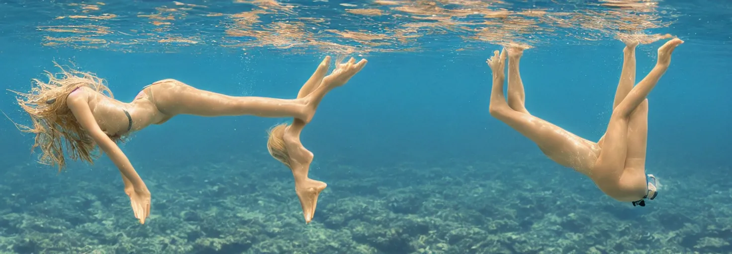 Image similar to beautiful blonde female diving underwater while solving complex math equations, 4k, photorealistic
