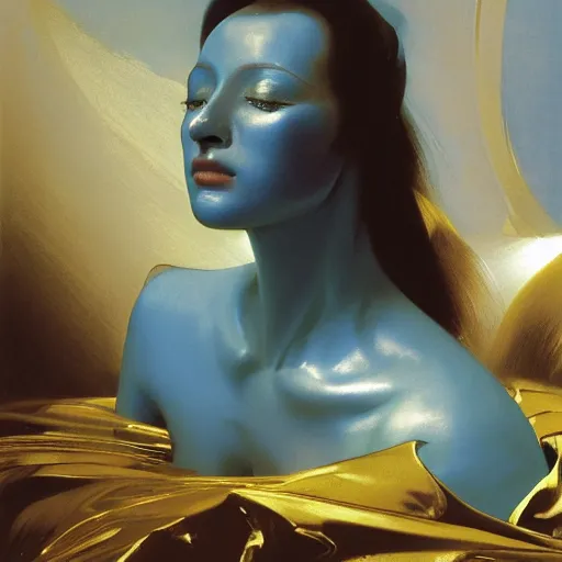 Image similar to a chrome woman's face in flowing sheets of cobalt blue gold chrome silver satin, by moebius syd mead roger dean wojciech siudmak donato giancola yoshitaka amano ivan aivazovsky jan de heem pieter claesz paul delaroche alma tadema aelbert cuyp willem claesz, hyperrealistic volumetric light render