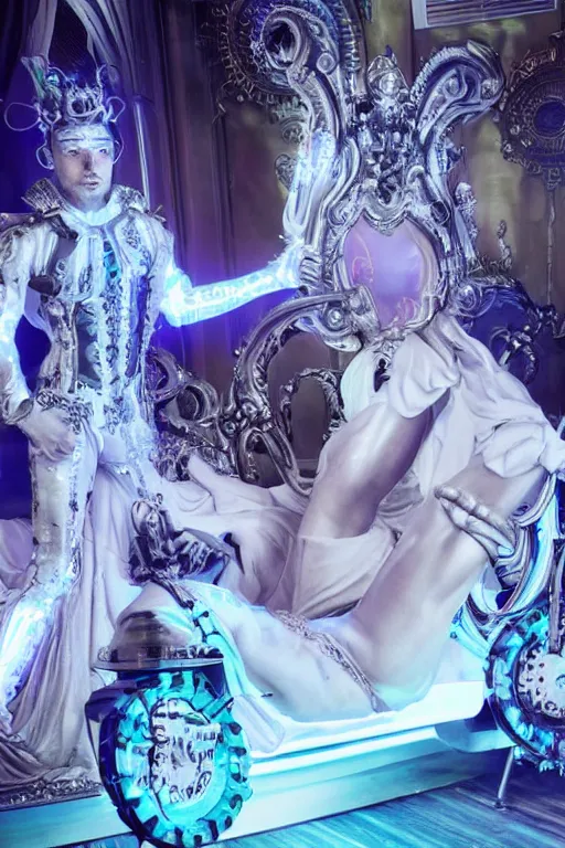 Image similar to full-body rococo and cyberpunk style neon statue of a muscular attractive J Balvin macho dotado e rico android sim roupa reclining con las piernas abertas e la piroca dura, glowing white lasers, glowing eyes, silver prince crown, silver steampunk gears, white diamonds, swirling mint-colored silk fabric. futuristic elements. ethereal white dripping tar. full-length view. space robots. human skulls. large white balloon animals. intricate artwork by caravaggio. Trending on artstation, octane render, cinematic lighting from the right, hyper realism, octane render, 8k, depth of field, 3D