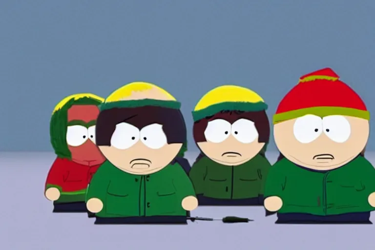 Image similar to a famous scene from Southpark in clay, 3d render, unreal engine
