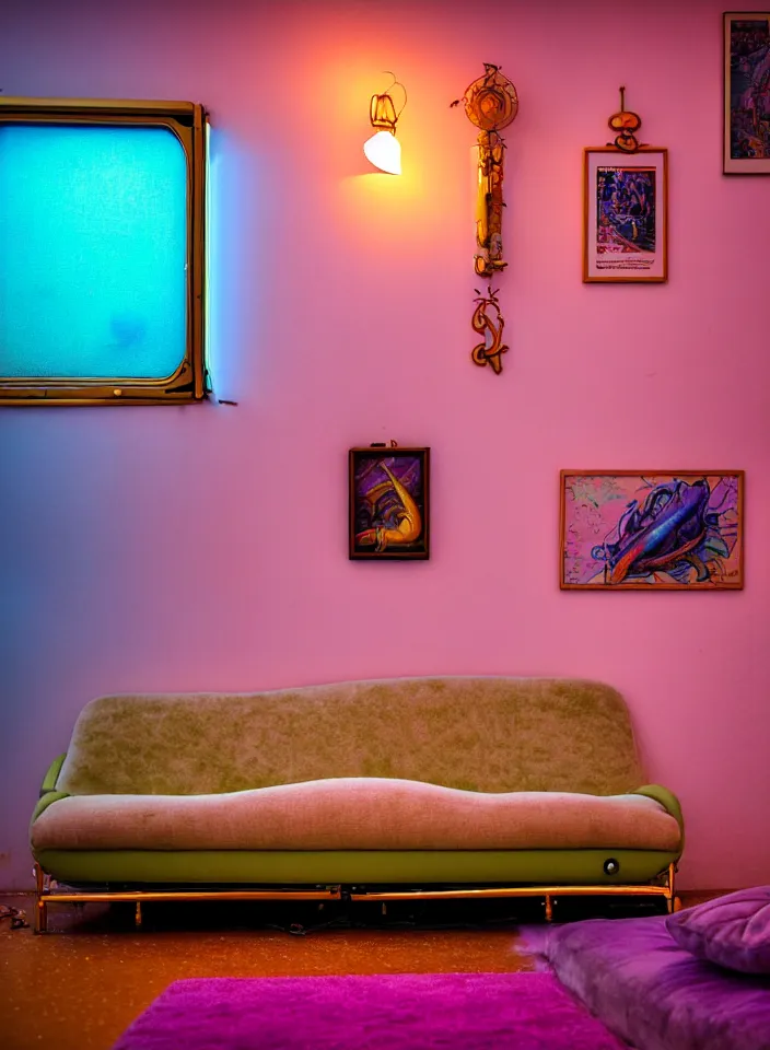 Prompt: telephoto 7 0 mm f / 2. 8 iso 2 0 0 photograph depicting the feeling of chrysalism in a cosy safe cluttered french sci - fi ( art nouveau ) cyberpunk apartment in a pastel dreamstate art cinema style. ( sofa ) ( ( fish tank ) ), ambient light.