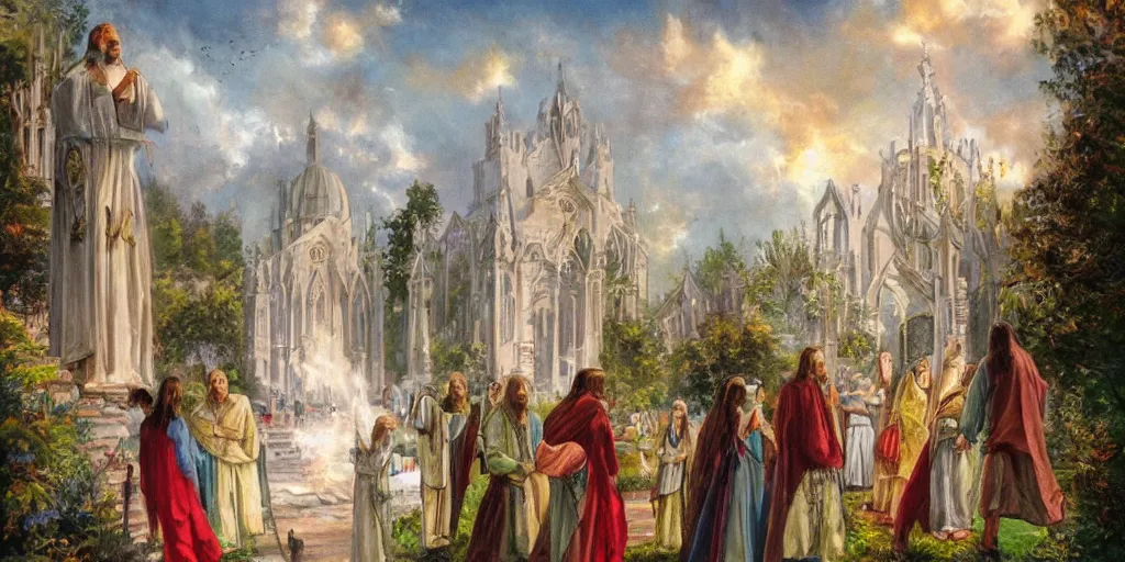Image similar to a photo of a fantasy world, jesus, church