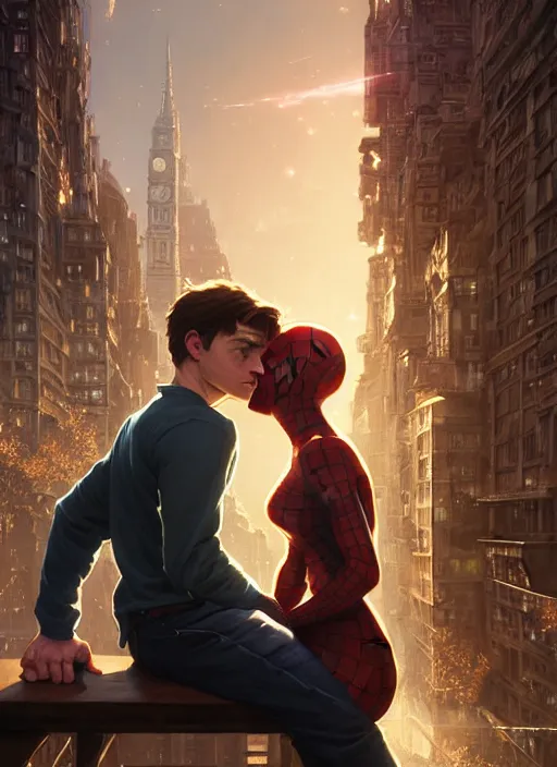 Image similar to highly detailed portrait of mary jane watson and peter parker, stephen bliss, unreal engine, fantasy art by greg rutkowski, loish, rhads, ferdinand knab, makoto shinkai and lois van baarle, ilya kuvshinov, rossdraws, tom bagshaw, alphonse mucha, global illumination, radiant light, detailed and intricate environment