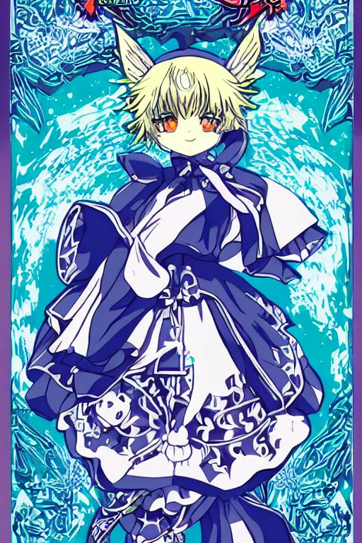 Image similar to cirno, touhou project, official artwork, intricate, amazing line work, colorful, tarot cards, the devil tarot card