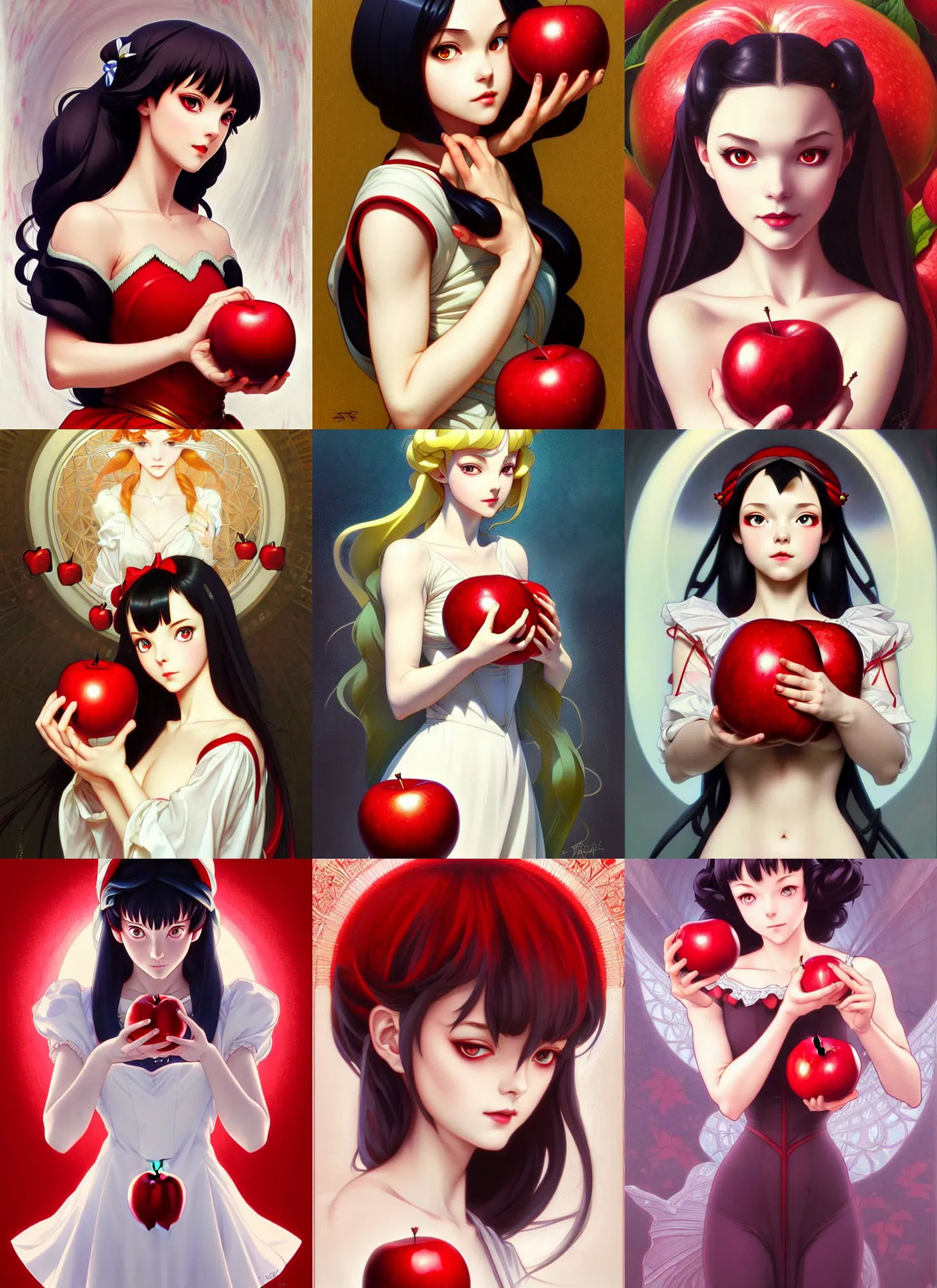 Prompt: symmetry!! portrait of an enigmatic anime snow white girl holding a red apple, anime, fairy tales, expressive eyes!! intricate, elegant, highly detailed, digital painting, artstation, concept art, smooth, sharp focus, illustration, art by artgerm and greg rutkowski and alphonse mucha