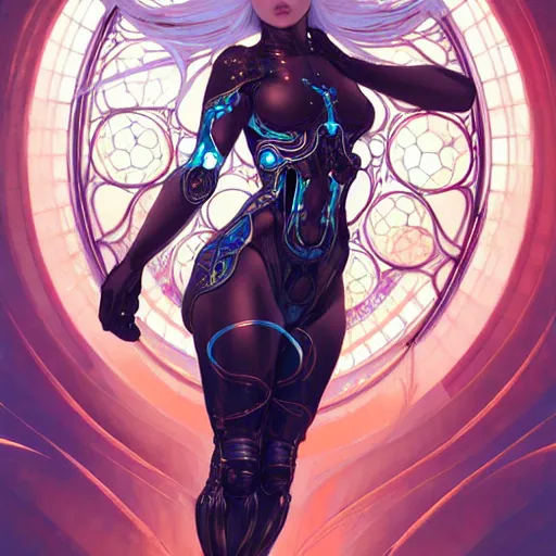 Prompt: A cybernetic girl with blonde hair, glowing halo, huge highly detailed intricate wings, art nouveau, fantasy, intricate, elegant, highly detailed, digital painting, artstation, concept art, smooth, sharp focus, illustration, art by Krenz Cushart and Artem Demura and alphonse mucha