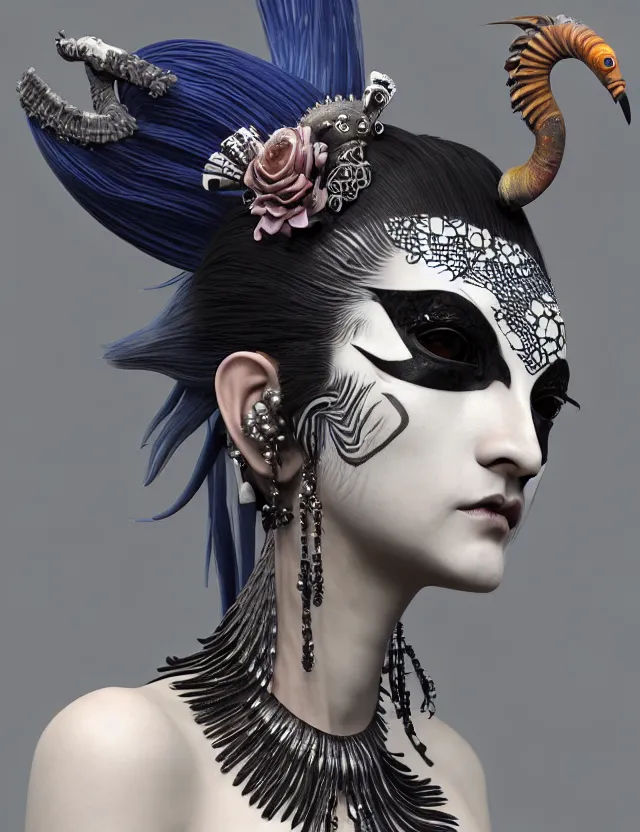 Image similar to 3 d goddess close - up profile portrait punk with mohawk with ram skull. beautiful intricately detailed japanese crow kitsune mask and clasical japanese kimono. betta fish, jellyfish phoenix, bio luminescent, plasma, ice, water, wind, creature, artwork by tooth wu and wlop and beeple and greg rutkowski