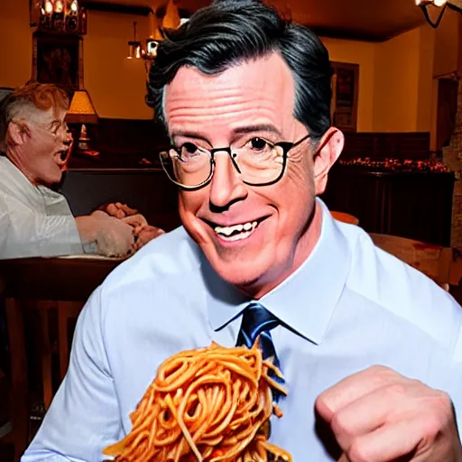 Image similar to stephen colbert punching a plate of spaghetti at olive garden