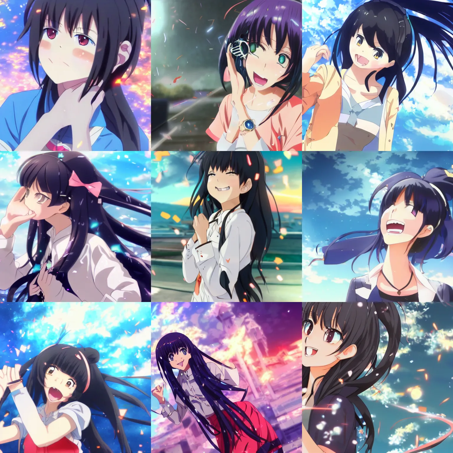 Prompt: A beautiful smiling anime girl with black hair and hime cut watches with laughter after the state of Florida is destroyed in an explosion, anime key visual, digital art, anime screenshot, kyoto animation, makoto shinkai, trending on artstation