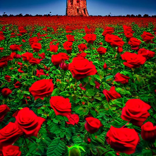 Image similar to photo of a dark tower in the center of a field of roses. golden hour. photorealism. 4 k trends on artstation. national geographic. photography on iphone