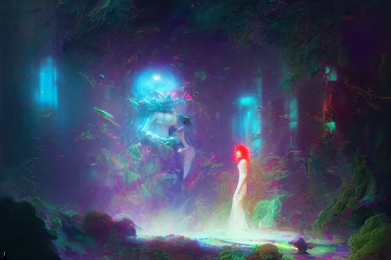 Image similar to a psychedelic realm hidden away in a pocket of ethereal understanding, astral beings sharing love greg rutkowski wlop lisa frank bob ross, ruan jia