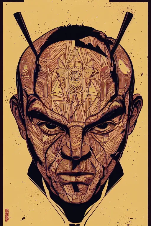 Prompt: angry human face propaganda screen printing movie poster, art style moebius comic art, sachin teng, artgerm, shepard fairey, graffiti street art, iconic, masterpiece, organic painting, hard edges, ornate and hyper detailed