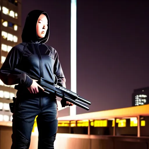 Prompt: photographic portrait of a techwear woman holding a shotgun, holding shotgun down, closeup, on the rooftop of a futuristic city at night, sigma 85mm f/1.4, 4k, depth of field, high resolution, full color, award winning photography, Kill Bill, John Wick, Terminator, Die Hard, movies with guns, movie firearms