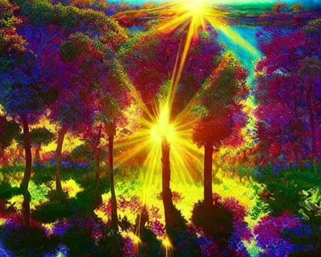 Prompt: psychedlic realistic 16k footage, serene beautiful landscape photography of the garden of eden. lake reflections in the foreground, fruit tree's and animals everywhere. sun rays shining through the trees. lens flare. sunset, dramatic lighting by Marc Adamus gyuri lohmuller Ivan Shishkin. lsd trip. | lovely scene by monet