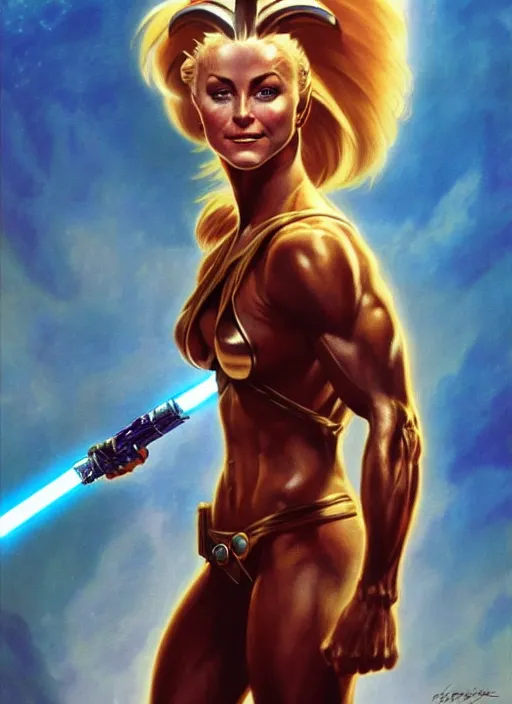 Prompt: a stunning medium shot portrait of julianne hough as a star wars slave girl, digital art by frank frazetta and boris vallejo and julie bell and moebius, highly detailed, trending on artstation, hq