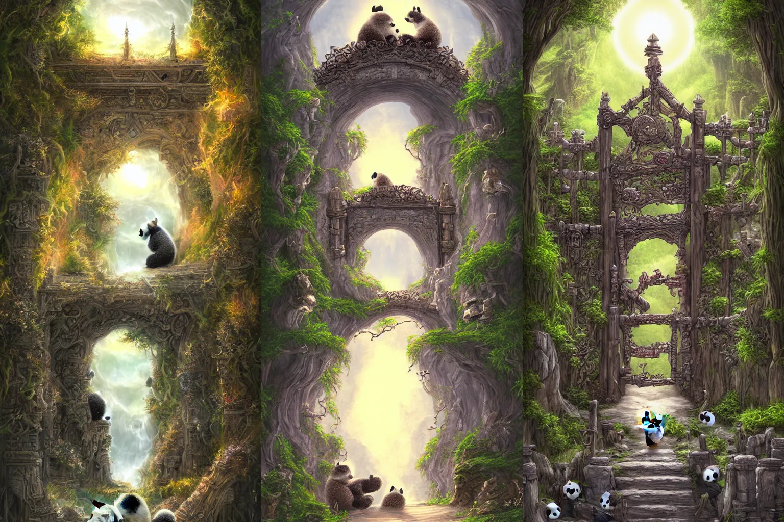 Prompt: The gate to the eternal kingdom of pandas, fantasy, digital art, HD, detailed.