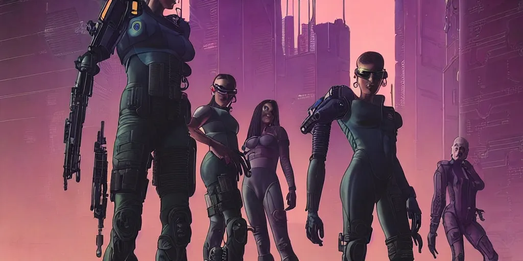 Prompt: cyberpunk elite assault unit. portrait by stonehouse and mœbius and will eisner and gil elvgren and pixar. character design. realistic proportions. dystopian. cyberpunk 2 0 7 7 character art, blade runner 2 0 4 9 concept art. cel shading. attractive face. thick lines. hi def 4 k. the team. detailed interesting characters. realistic faces.