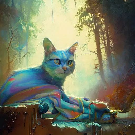 Image similar to The Rainbow cat enthroned , hyperrealism, no blur, 4k resolution, ultra detailed, style of Peter Mohrbacher, James Gurney, Ismail Inceoglu