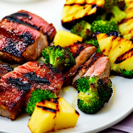 Prompt: a plate of seared glazed pork with a side of grilled pineapple and long broccoli, beautiful appetizing food photography