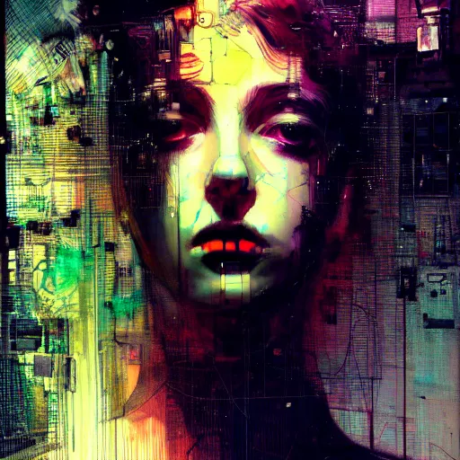 Image similar to beautiful young cybernoir woman vr dreaming in a glitchcore world of wires, and machines, by jeremy mann, francis bacon and agnes cecile, and dave mckean ink drips, paint smears, digital glitches glitchart