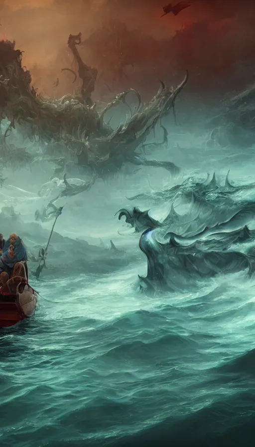 Image similar to man on boat crossing a body of water in hell with creatures in the water, sea of souls, by artstation