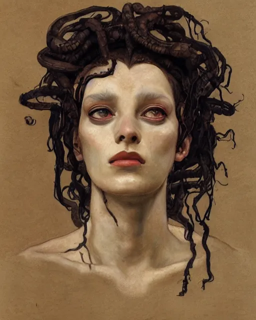 Image similar to portrait of medusa by greg rutkowski in the style of egon schiele