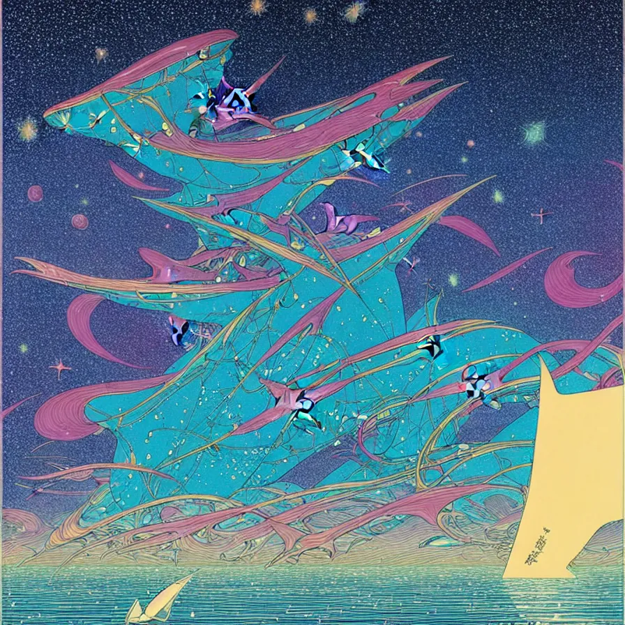 Image similar to ( ( ( ( shinning starry sky and sea, with decorative frame design ) ) ) ) by mœbius!!!!!!!!!!!!!!!!!!!!!!!!!!!, overdetailed art, colorful, artistic record jacket design