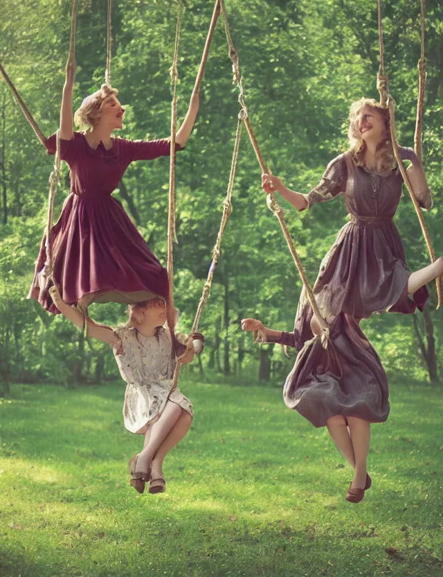 Image similar to two girls in vintage dresses happily swing on hanging swings in the forest, motion photo, Cottage core, Cinematic focus, Polaroid photo, vintage, neutral colors, soft lights, foggy, by Steve Hanks, by Serov Valentin, by lisa yuskavage, by Andrei Tarkovsky, by Terrence Malick, by Krenz Cushart, 8k render, detailed, oil on canvas