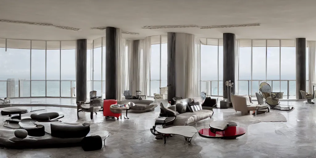 Prompt: A Penthouse apartment in Atlantis with furniture designed by Rei Kawakubo