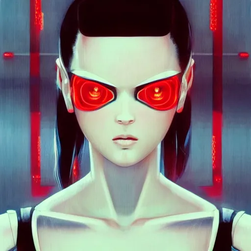 Prompt: A cyborg girl with big and cute eyes, fine-face, realistic shaded perfect face, fine details. red, black and white robotic parts. realistic shaded lighting poster by Ilya Kuvshinov katsuhiro otomo ghost-in-the-shell, magali villeneuve, artgerm, Jeremy Lipkin and Michael Garmash, Rob Rey and Kentarõ Miura style, trending on art station