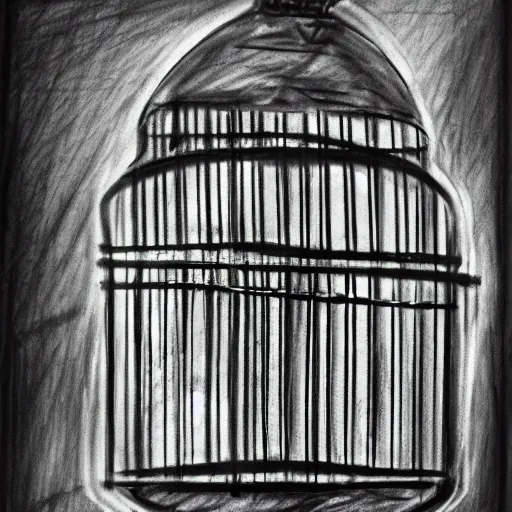 Image similar to a rough charcoal sketch of a bird inside a cage, black and white, 3 5 mm, long exposure