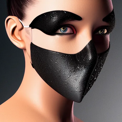 Prompt: 3 d fluid simulation render, octane render, xparticles, black color, female face in latex balaclava and mask,