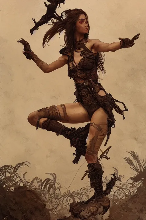 Image similar to a full body portrait of a beautiful post apocalyptic offworld desert savage rogue in ballet pose by the emerald oasis pools, intricate, elegant, highly detailed, digital painting, artstation, concept art, smooth, sharp focus, illustration, art by krenz cushart and artem demura and alphonse mucha