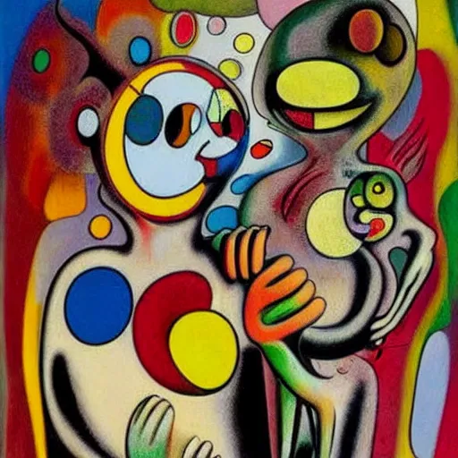 Image similar to Oil painting by Roberto Matta. Strange mechanical beings kissing. Portrait by Takashi Murakami. Joan Miro.