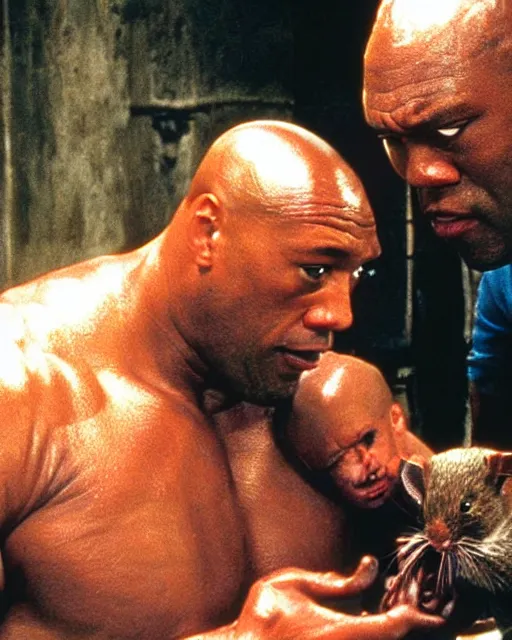 Image similar to film still close - up shot of dwayne johnson as john coffey petting a mouse in the movie the green mile. photographic, photography