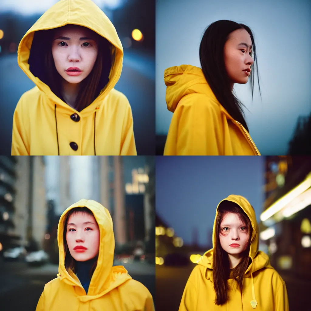 Prompt: detailed and realistic head portrait photography of a woman wearing a yellow raincoat with hoodie. Cinematic. City lights in the background. Lens flare. Portra 800 film. Helios 44m