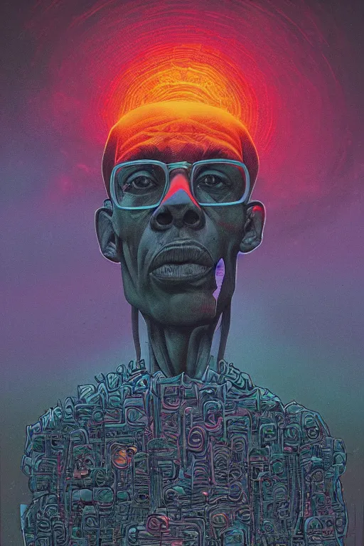 Image similar to 4K Malcom X cyberskull portrait inspired in beksinski and dan mumford work, remixed with Simon Stalenhag work, sitting on the cosmic cloudscape